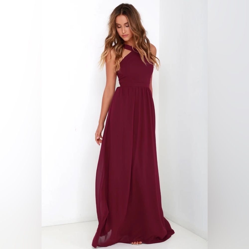 Burgundy lulus air of romance bridesmaid / wedding guest chiffon maxi dress